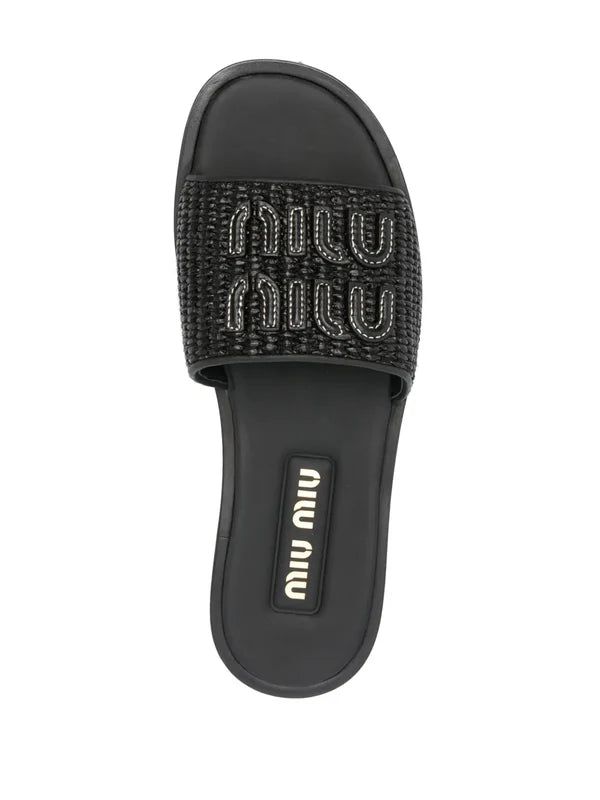 Miu Miu logo-patch raffia slides