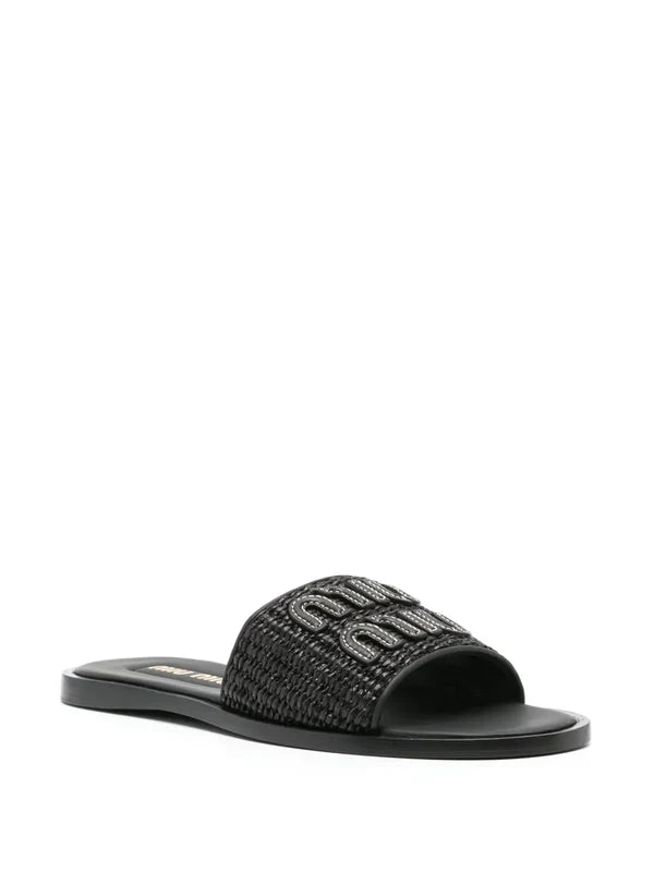 Miu Miu logo-patch raffia slides