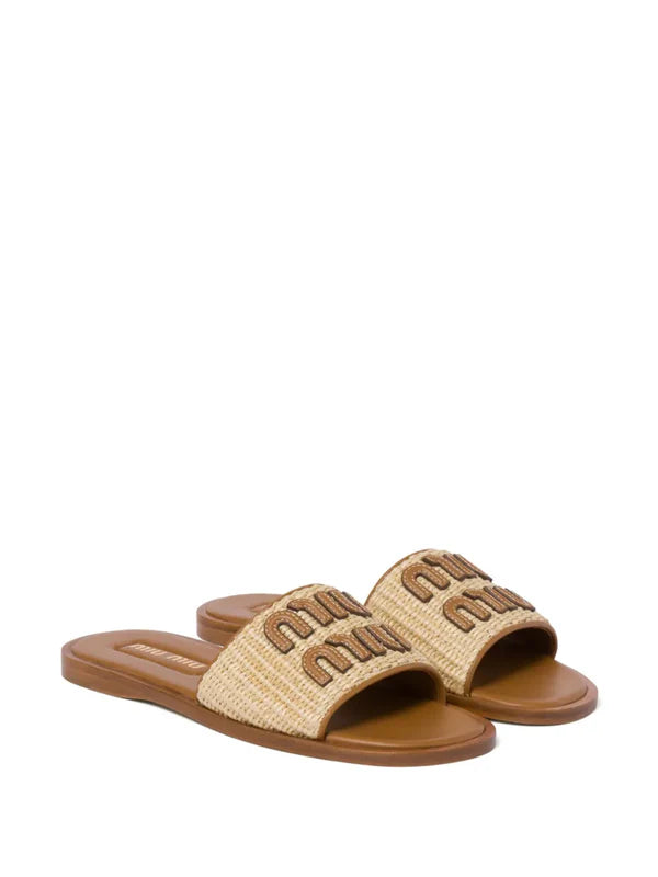 Miu Miu logo-patch raffia slides