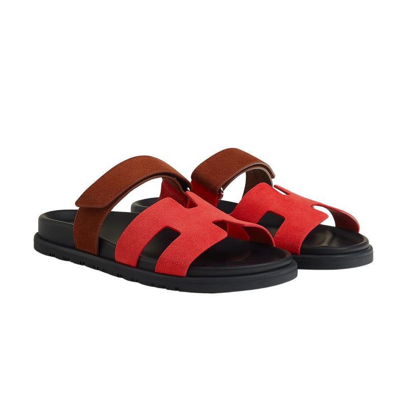 Hermes Women Chypre Sandals Suede Red Pink Rouge Cinétique