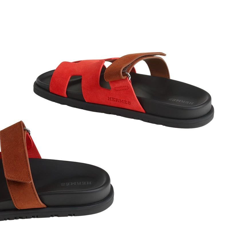Hermes Women Chypre Sandals Suede Red Pink Rouge Cinétique